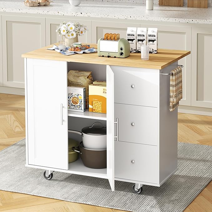 Shintenchi Kitchen Island with Folding Drop Leaf, Rolling Island Table with Storage, Kitchen Cabinet on Wheels with Seating Area for Kitchen, Bar Cart with Cabinet, White - Image 2
