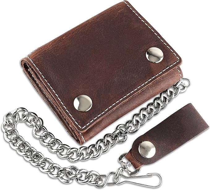 RFID Blocking Men's Tri-fold Vintage Biker Cowhide Leather Steel Chain Wallet,Snap closure, Made In USA,Antique crazy horse brown,dc315… - Image 5