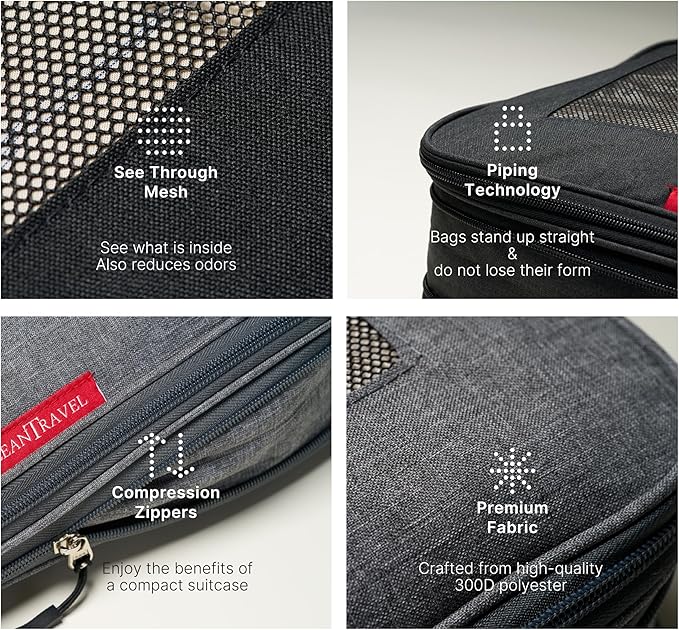 LeanTravel Premium Compression Packing Cubes for Travel - Suitcase Organizer Bags with Double Zipper & Breathable Mesh Panel - Space Saving Carry On Luggage Essentials (6-Pack, Grey, Black, Brown) - Image 5