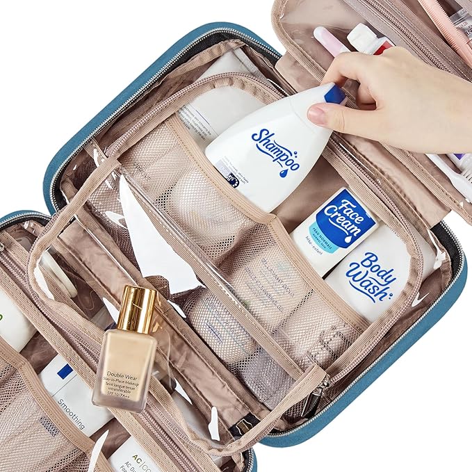 NISHEL Travel Toiletry Bag for women, Portable Hanging makeup Organizer | for Travel-Sized Shampoo, Conditioner, Brushes Set, makeup Accessories, Medium Size, Lake-Blue - Image 5