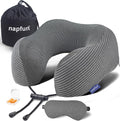 napfun Neck Pillow for Travel with Travel Pouch, Sleep Mask & Earplugs, Memory Foam Airplane Pillow for Headrest Sleep with Eyeshades, Plane Essentials with Eye Blindfold, Dark Gray Striped Kit by NAPFUN