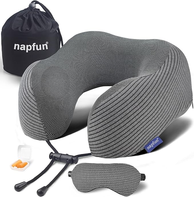 napfun Neck Pillow for Travel with Travel Pouch, Sleep Mask & Earplugs, Memory Foam Airplane Pillow for Headrest Sleep with Eyeshades, Plane Essentials with Eye Blindfold, Dark Gray Striped Kit by NAPFUN