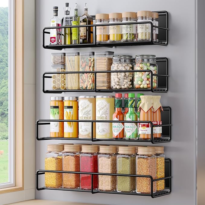 Mystozer 4 Pack Magnetic Spice Rack for Refrigerator, Magnetic Shelf Fridge Organizer for Kitchen Storage, Black by Mystozer