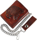 RFID Blocking Men's Tri-fold Vintage Biker Cowhide Leather Steel Chain Wallet,Snap closure, Made In USA,at315-40,eagle head,brown by FLCLASSIC
