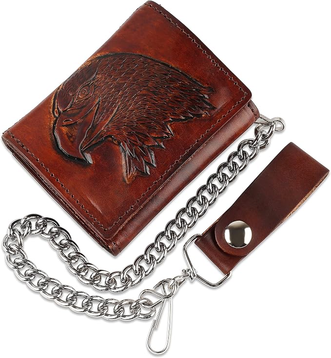 RFID Blocking Men's Tri-fold Vintage Biker Cowhide Leather Steel Chain Wallet,Snap closure, Made In USA,at315-40,eagle head,brown by FLCLASSIC
