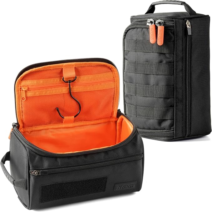 Tactical Hanging Toiletry Bag for Men, Travel Dopp Kit Organizer | Water Resistant 1680D Fabric with MOLLE Webbing, Hanging Hook & 4 Compartments for Shaving, Grooming, Gym & Camping Gear by Fitdom