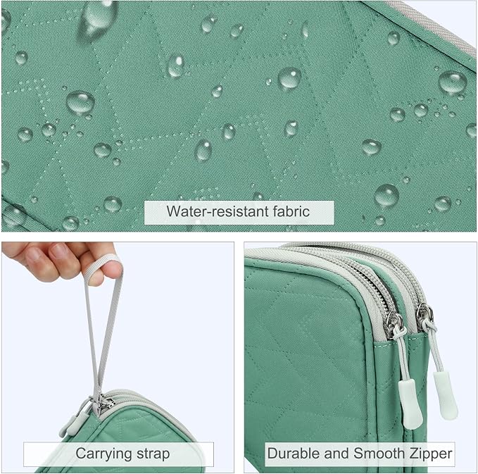 FYY Electronic Organizer, Travel Tech Pouch Bag, Medium, Green Quilted | Wrist Strap, Waterproof, Double Layers Portable Electronics Travel Carrying Case for Cord, Charger, Daily Business Trips Use - Image 4