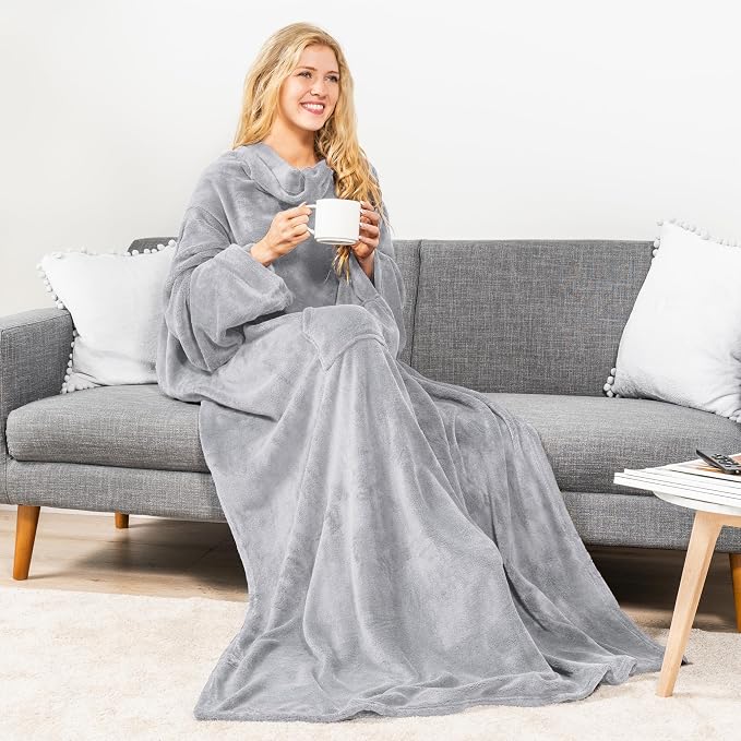 PAVILIA Blanket with Sleeves for Adult Women Men, Soft Warm Wearable Blanket Fleece Wrap Throw, Robe Blanket Gift - Image 9