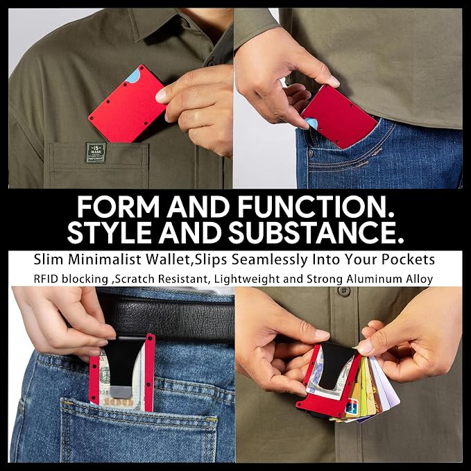 Minimalist Wallet for Men, Slim Metal RFID Blocking Wallet Credit Card Holder Money Clip & Cash Strap, Scratch-Resistant Holds 15 Cards,Ideal Gift for Men | Matt Red - Image 6