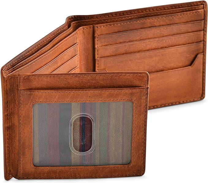 BULL GUARD RFID Blocking Bifold Wallets for Men, Brown Full Grain Leather Credit Card Wallet with 2 ID Windows Premium Security and High Capacity | RFID Blocking by BullGuard