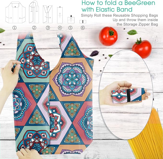 BeeGreen Boho Gifts for Women Geometric Reusable Grocery Bags Mandala Shopping Bags Bulk 6 Pack 50LBS X-Large Foldable-Machine Washable-Heavy Duty Mandana Yoga Gifts - Image 4