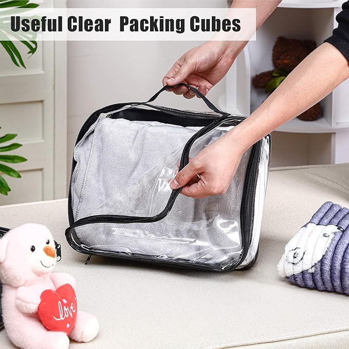 6 Pieces Large Clear Travel Packing Cube Clear Vinyl Zippered Storage Bags See Through Moving Bag PVC Multipurpose Pouch with Handle for Suitcase Shirts Dress Storage (Black, 11.8 x 10.2 x 3.9 Inch) - Image 4