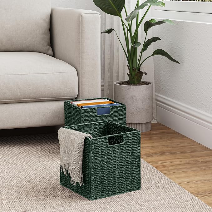Wicker Storage Basket, Set of 2 Hand-Woven Paper Rope Wicker Basket, Foldable Cube Storage Bins, 9 inch Square Storage Baskets for Organizing Shelves & Decor, Green (9″×9″×9″) - Image 8