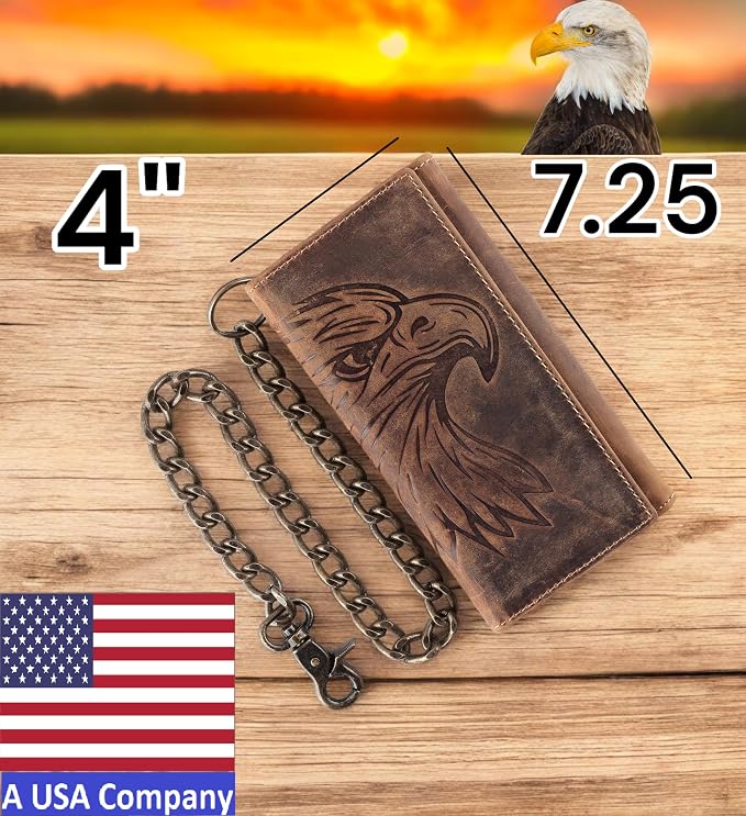 F&L CLASSIC RFID Blocking Mens Tri-fold Long Style Cowhide Leather Steel Chain Wallet,brown eagle head,212-102 - Image 2