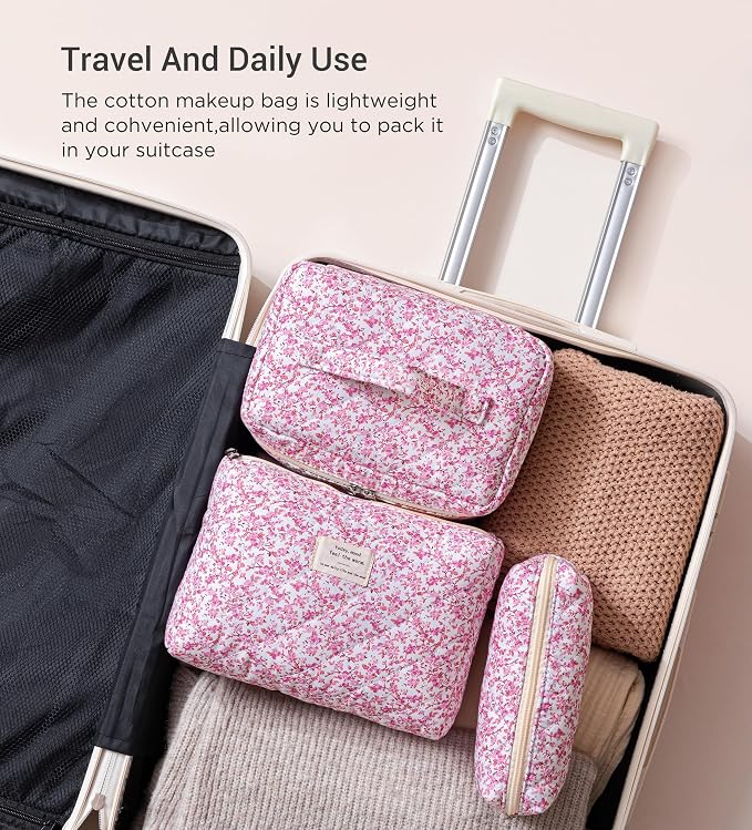 HBselect Quilted Makeup Bag, 3Pcs Cotton Large Travel Makeup Bags Organizer | Cute Floral Make up Bag Cosmetic Bag Toiletry Bag for Women Girls, Makeup Pouch for Skincare, Brushes & Travel Essentials - Image 4