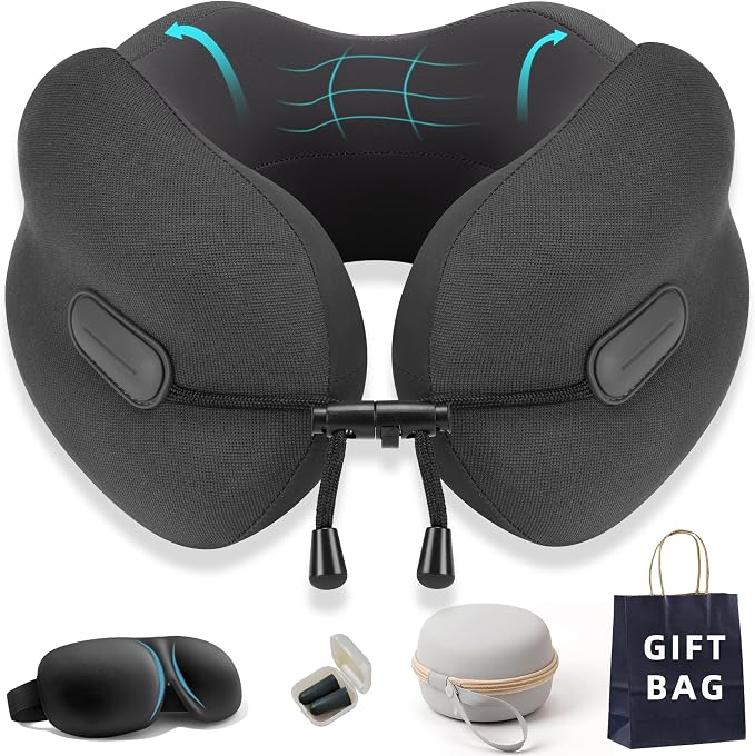 Ergonomic Travel Neck Pillow for Airplane, Memory Foam Support for Long Haul Flight Headrest, Soft Compact U Shaped for Adult Men Plane Sleeping, Portable Carry Box, Eyemask, Earplugs, Size L by Parnir-JourneyFurtherin2026