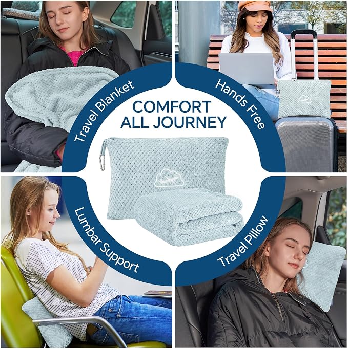 BEDELITE Travel Blanket with Bag, Jacquard Fleece Blanket 65"x40", Blue | Ultra-soft Airplane Blanket, Luggage Sleeve & Backpack Clip, Travel Essentials for Women, Foldable as Pillow for Long Flight - Image 3