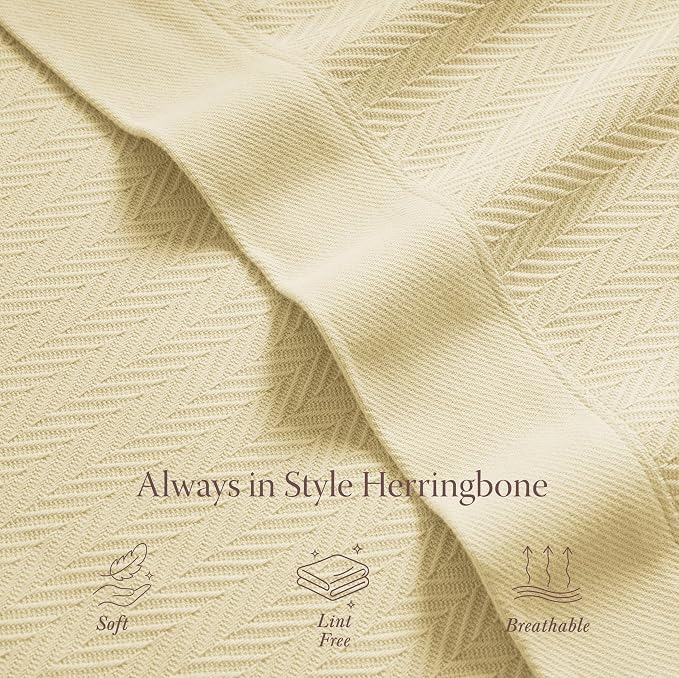 Threadmill Luxury Cotton Blankets for Queen Size Bed | All-Season 100% Cotton Queen Size Blanket | Herringbone Cozy, Soft Breathable Fall Thermal Blanket fits Full Size Bed | Vanilla Cream | 100% Cotton, Herringbone Pattern, 90x92 in, Breathable, Moist... - Image 4