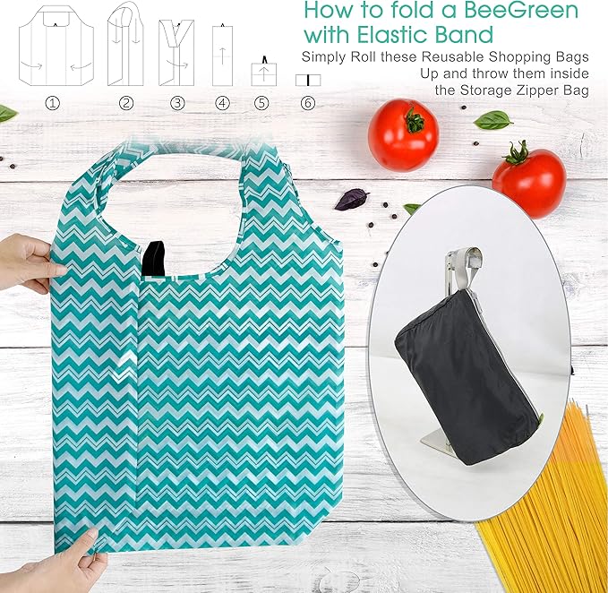 BeeGreen Reusable Grocery Bags Lightweight Durable Shopping Bags Washable Foldable 12 Pack Xlarge Classic Geometric Design Gift Tote Grocery Bags with Elastic Band and Separated Zipper Storage Pouch - Image 5