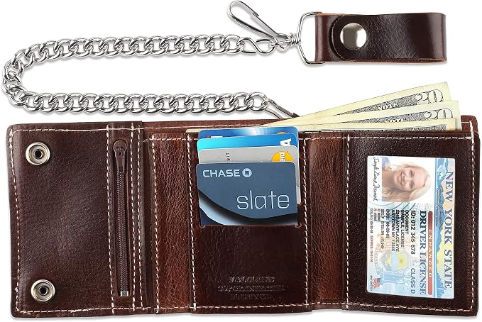 RFID Blocking Men's Tri-fold Vintage Biker Cowhide Leather Steel Chain Wallet,Snap closure, Made In USA,cp315,brown - Image 2