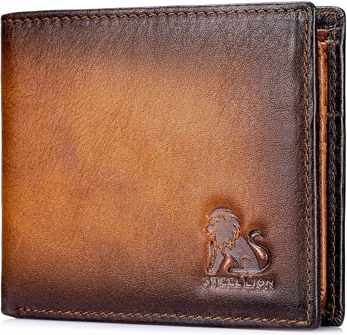 Men's Cowhide Leather RFID Wallet, Slim Bifold (Brown) | 2 Clear ID Windows, 10 Card Slots, Zipper Coin Pocket, Gradient Finish for Business, Travel, Daily Carry and Gifts by STEELLION