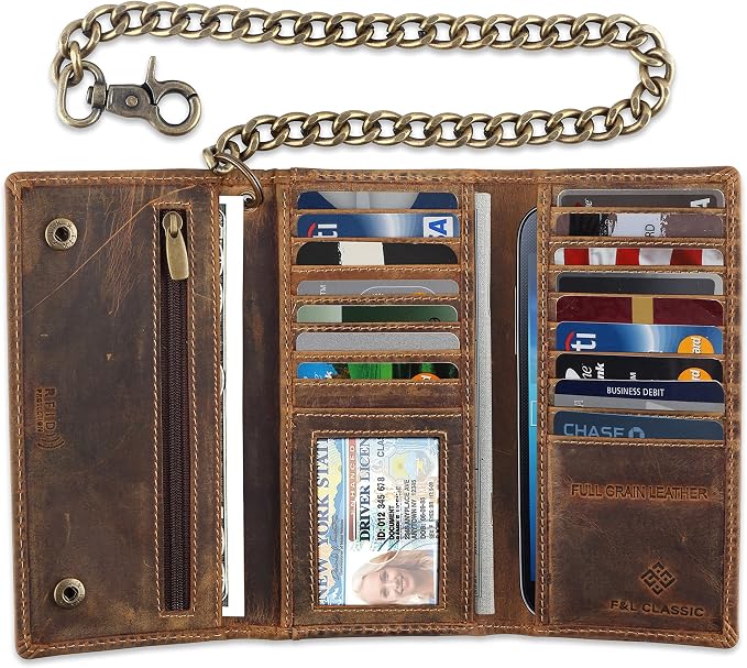 F&L CLASSIC RFID Blocking Mens Tri-fold Long Style Cowhide Leather Steel Chain Wallet,buffalo wax vintage leather,212 wax brown - Image 3