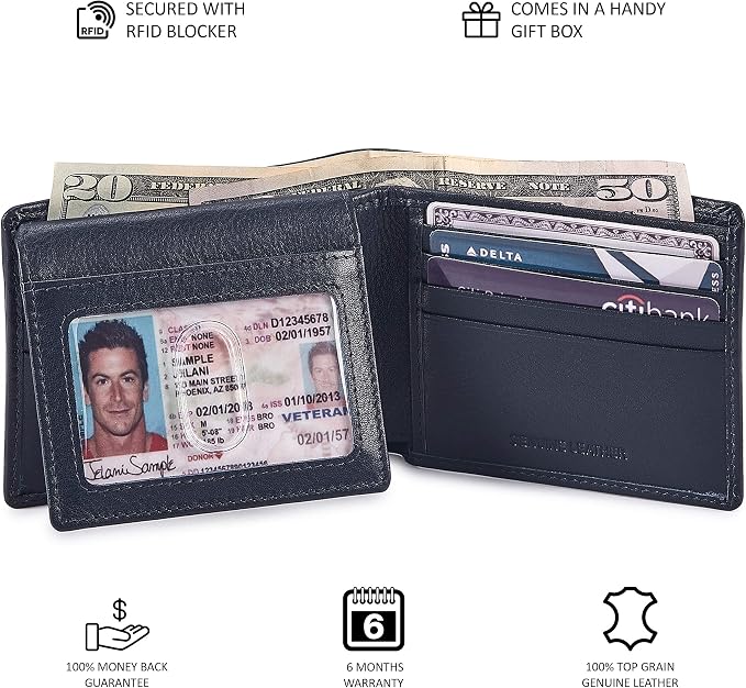 Wallet for Men Slim RFID Blocking Leather Bifold Minimalist 2 ID Windows Gift Box Carteras Para Hombres (NAPA, MIDNIGHT NAVY) - Image 5