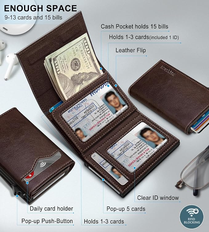 Wallet for Men,with Cash Pocket 2 ID Window 9-13 Cards,Metal Case Smart Slim Pop Up Credit Card Holder Flip with Magnetic Closure RFID Blocking Trifold wallet with Gift Box - Image 2