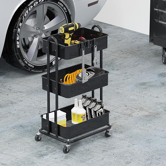 Simple Houseware 3-Tier Heavy Duty Metal Utility Rolling Cart, Black - Image 4