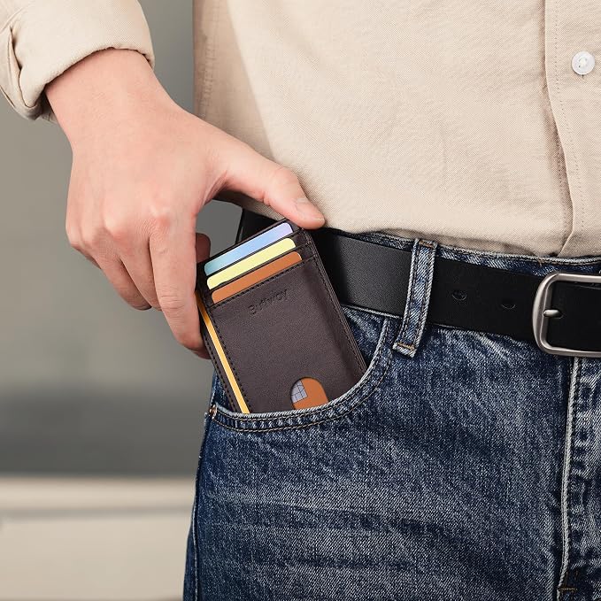 Buffway Slim Minimalist Front Pocket RFID Blocking Leather Wallets for Men and Women - Pebble Brown - Image 8