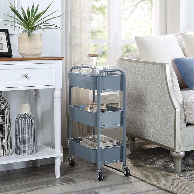 SunnyPoint 3-Tier Delicate Compact Rolling Metal Storage Organizer - Mobile Utility Cart Kitchen/Under Desk Cart with Caster Wheels - Blue (15.35" X 10.24" X 26.8"H) - Image 3