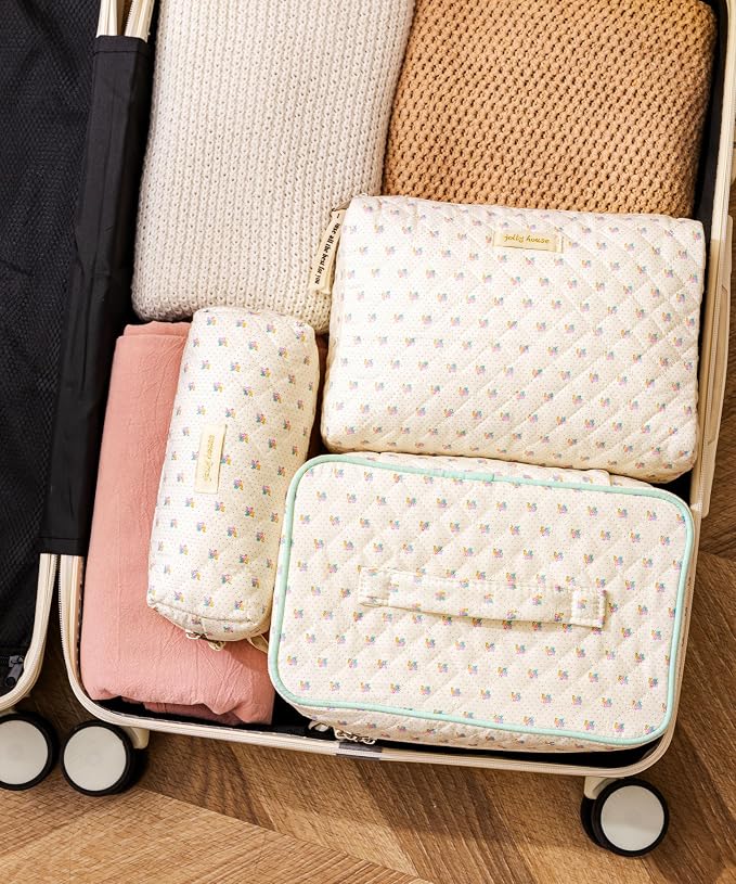 HBselect Quilted Makeup Bag, 3Pcs Cotton Large Travel Makeup Bags Organizer | Cute Floral Make up Bag Cosmetic Bag Toiletry Bag for Women Girls, Makeup Pouch for Skincare, Brushes & Travel Essentials - Image 3