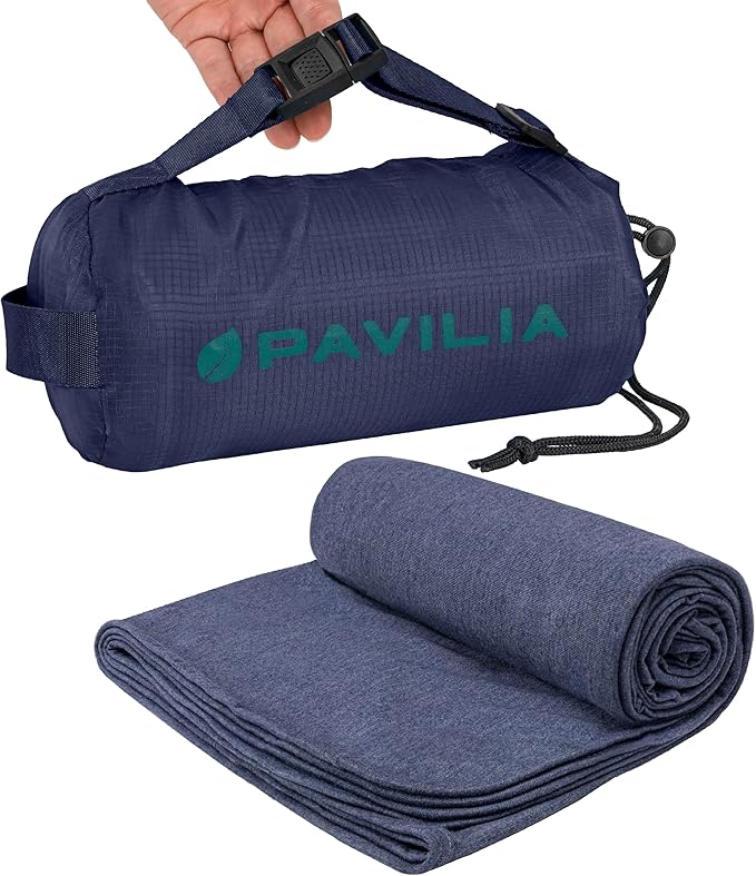 PAVILIA Travel Blanket Airplane Compact with Bag Lightweight, Navy Blue | Soft Fleece Plane Long Flights, Camping Road Trips, Packable Traveler Gift Essentials with Luggage Backpack Strap, 65x40 by PAVILIA