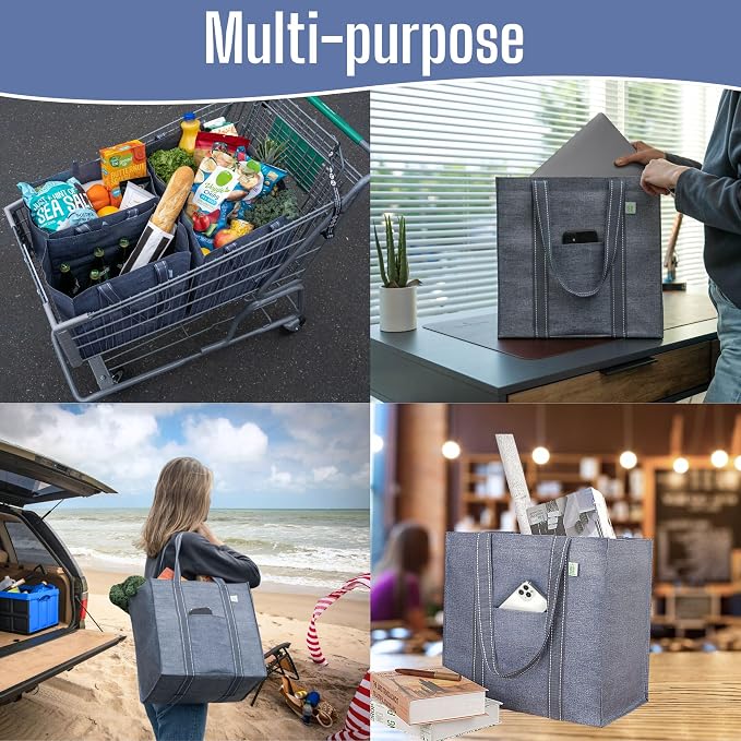 VENO 4 Pack Large Grocery Bag Reusable Shopping Bags with Hard Bottom | Utility Tote with Reinforced Handles, Heavy Duty, Foldable, Stand Upright, for Groceries Shopping Cart Storage(Gray, 4 Pack) - Image 2