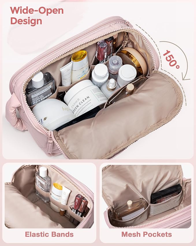 Marscamd Travel Toiletry Bag for Women, Wide-Open Makeup Organizer, Pink | 150° wide opening, water-resistant fabric, stain-resistant pocket flap & lightweight carry - Image 2