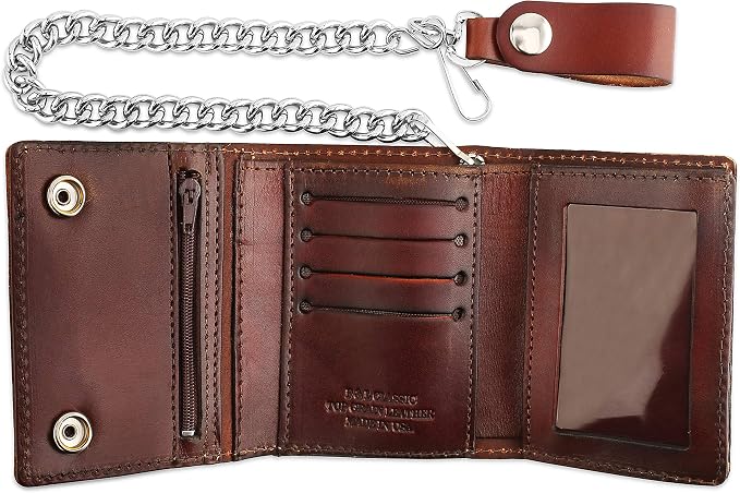 RFID Blocking Men's Tri-fold Vintage Biker Cowhide Leather Steel Chain Wallet,Snap closure, Made In USA,at315,Antique-brown - Image 3