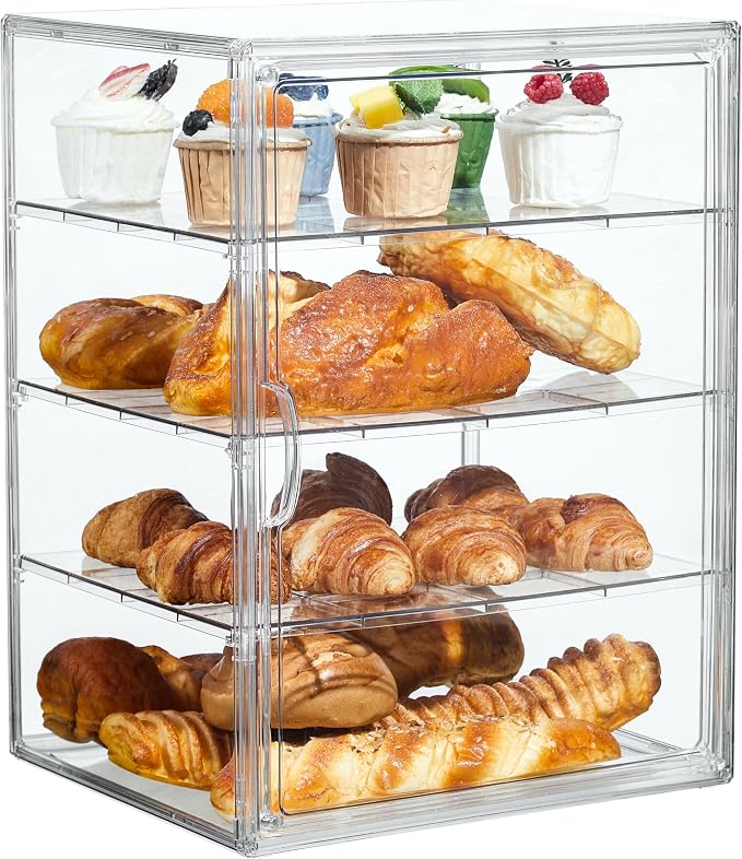 Bread Box for Kitchen Countertop, 4 Layers Pastry Display Case, 1 Pack | Easy Assembly, Adjustable Shelves, Magnetic Door, Clear View, Stable Design, Bakery Display, 15.5 x 11.4 x 9.8 Inch by SANKEUHomeStorage