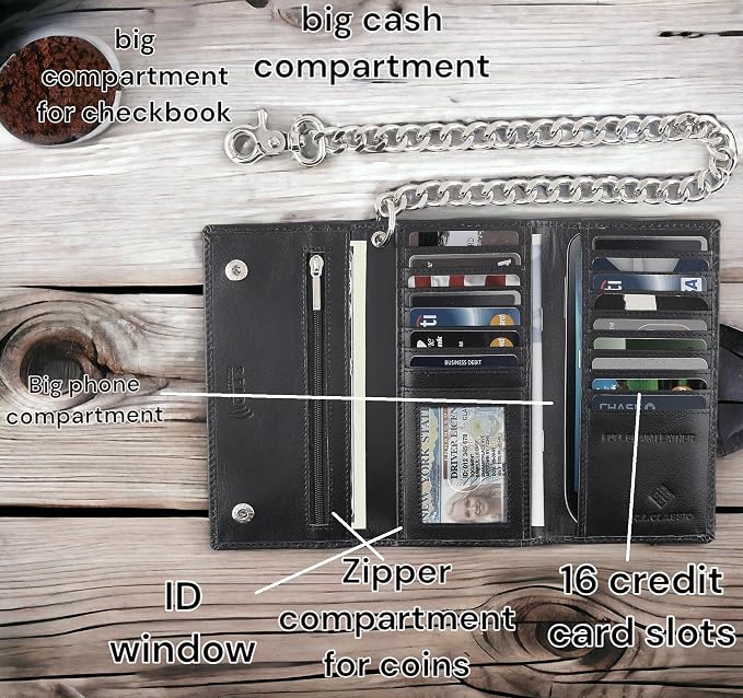 F&L CLASSIC RFID Blocking Mens Tri-fold Long Style Leather Steel Chain Wallet,black skull,212-50 - Image 3