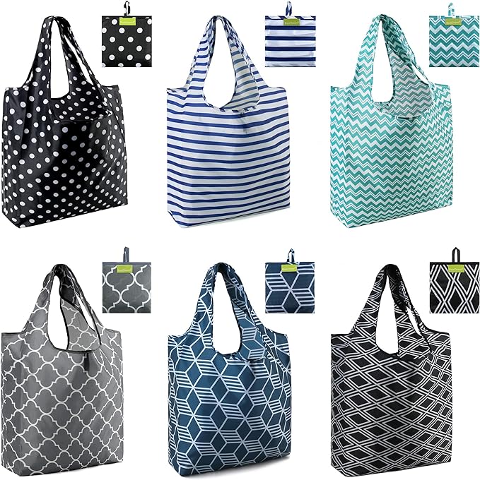 BeeGreen Grocery Bags | Reusable Gift Bags, Large Tote for Women & Foldable Beach Bag - 6 Pack Reusable Bag With Handles | Collapsible Cute Cloth Storage for Market, Holiday & Shopping | Washable​ by BeeGreen