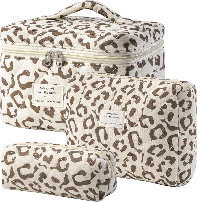 HBselect Quilted Makeup Bag, 3Pcs Cotton Large Travel Makeup Bags Organizer | Cute Floral Make up Bag Cosmetic Bag Toiletry Bag for Women Girls, Makeup Pouch for Skincare, Brushes & Travel Essentials by HBselect