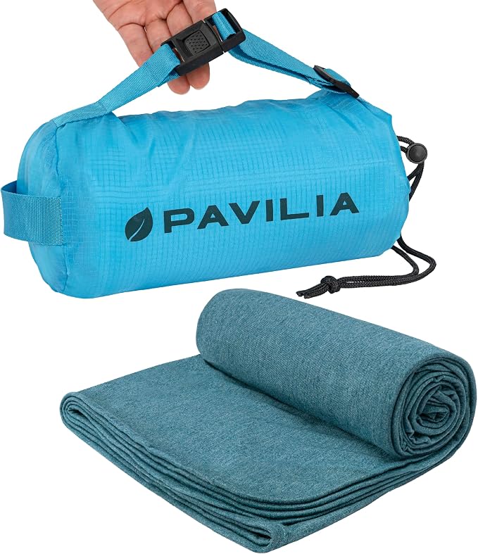 PAVILIA Travel Blanket Airplane Compact with Bag Lightweight, Teal Blue | Soft Fleece Plane Long Flights, Camping Road Trips, Packable Traveler Gift Essentials with Luggage Backpack Strap, 65x40 by PAVILIA