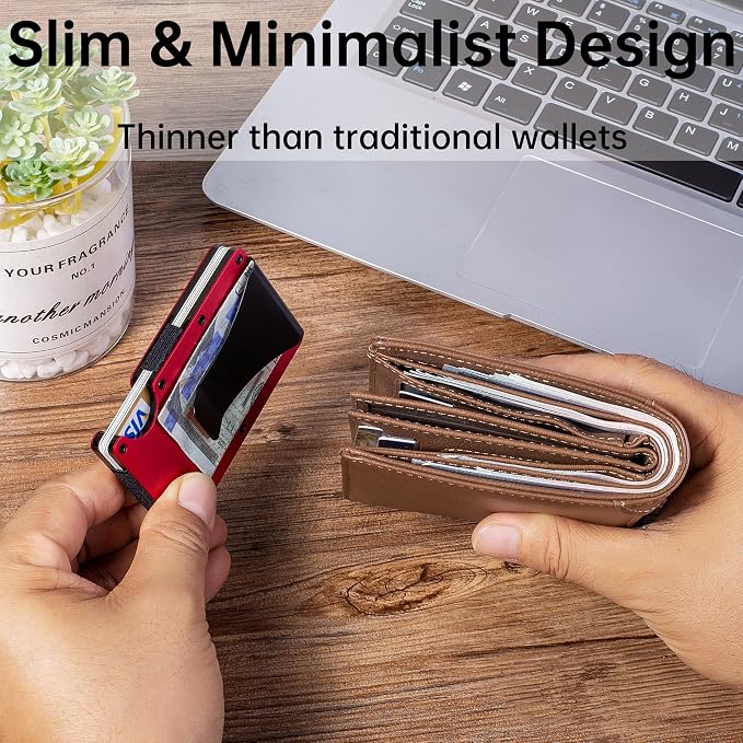 Minimalist Wallet for Men, Slim Metal RFID Blocking Wallet Credit Card Holder Money Clip & Cash Strap, Scratch-Resistant Holds 15 Cards,Ideal Gift for Men | Matt Red - Image 4