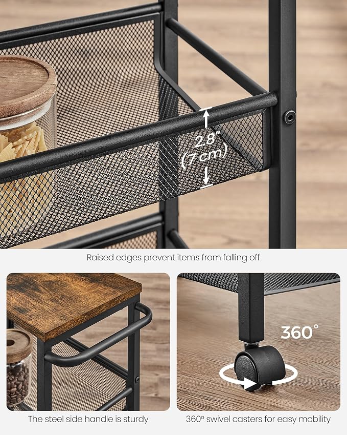 VASAGLE Slim Rolling Cart, 4-Tier, 8.7 Inches Deep, Steel Frame | Storage Cart with Handle, Narrow for Kitchen, Living Room, Rustic Brown and Matte Black, DACEY Collection ULRC033B01 - Image 5