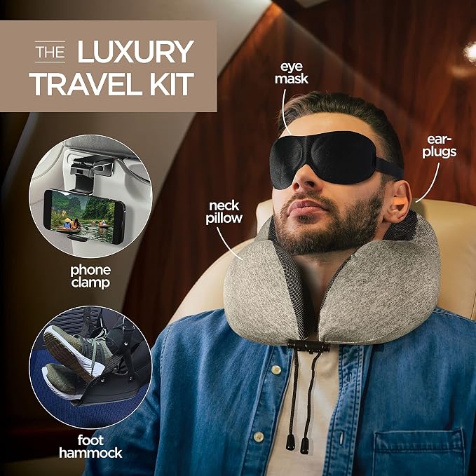 Homeify Airplane Travel Kit – Adjustable Memory Foam Airplane Neck Pillow with Phone Holder, Eye Mask, Foot Hammock, and Earplugs – 6 Piece Plane Travel Essentials for Long Flights - Image 7