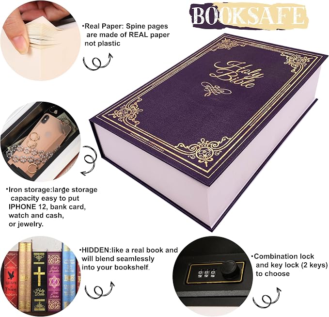 Holy Bible Diversion Safe with Real Pages, Combination Metal Secret Safe | Hidden safe box and hollow storage compartment for cash money. Decorative book box stash case for passport savings. - Image 4