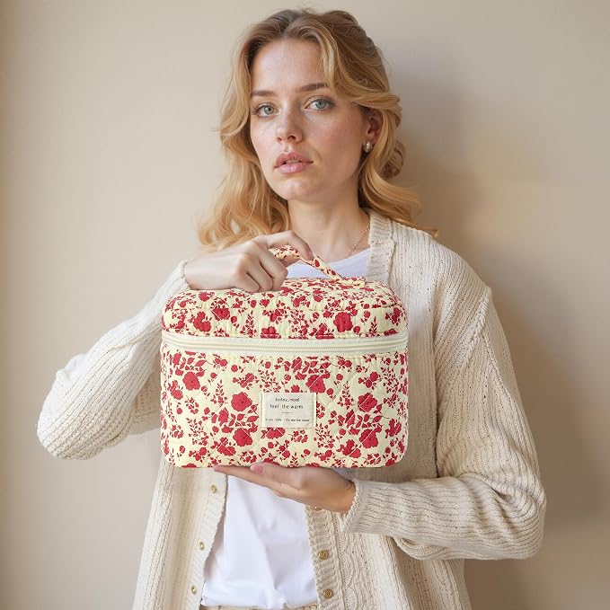 HBselect Quilted Makeup Bag, 3Pcs Cotton Large Travel Makeup Bags Organizer | Cute Floral Make up Bag Cosmetic Bag Toiletry Bag for Women Girls, Makeup Pouch for Skincare, Brushes & Travel Essentials - Image 7