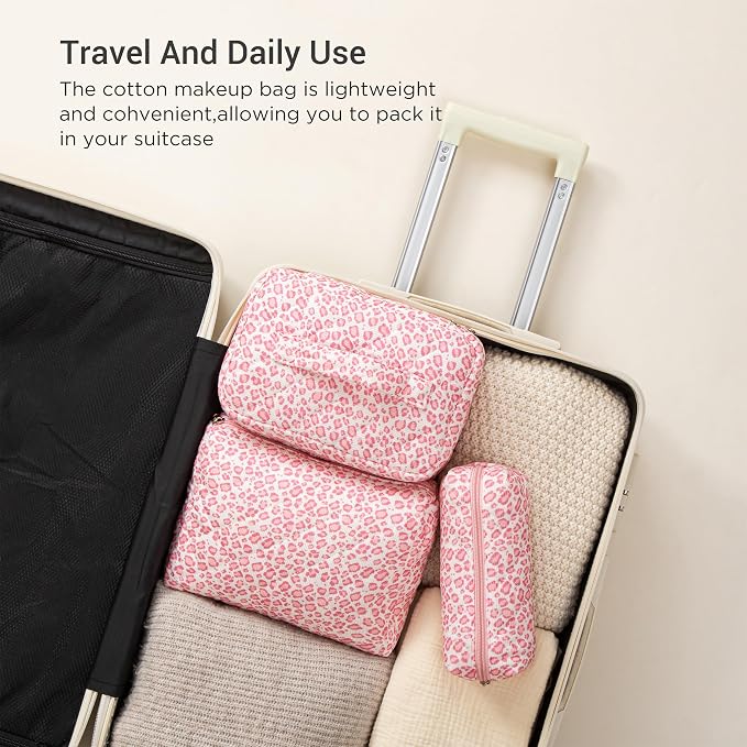 HBselect Quilted Makeup Bag, 3Pcs Cotton Large Travel Makeup Bags Organizer | Cute Floral Make up Bag Cosmetic Bag Toiletry Bag for Women Girls, Makeup Pouch for Skincare, Brushes & Travel Essentials - Image 4