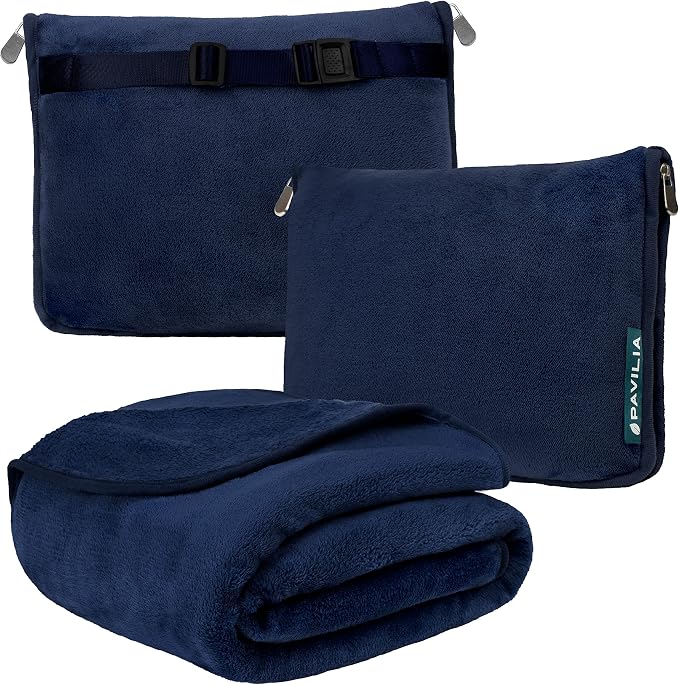 PAVILIA Travel Blanket Pillow, Soft Airplane Blanket 2-IN-1 Combo Set, Plane Blanket Compact Packable, Flight Essentials Car Pillow, Travelers Gifts Accessories Luggage Backpack Strap, 60x43 Navy Blue by PAVILIA
