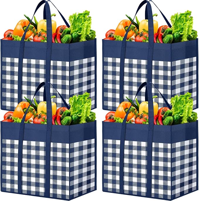 WOWBOX Reusable Grocery Bags, Foldable Reusable Shopping Tote Bags | 4-Pack Large Storage Bags bulk with Reinforced Handles and Water Resistant Coating for Groceries,Multipurpose,Blue-White by WOWBOX