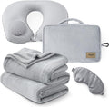 Bedsure Travel Blanket Set with Inflatable Neck Pillow and Eye Mask - Lightweight 3-in-1 Airplane Packable Blanket, Compact Travel Essentials, Grey by Unknown